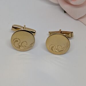 Vintage Gold Tone Cufflinks Etched Or Engraved Scroll Design Men Women Unisex
